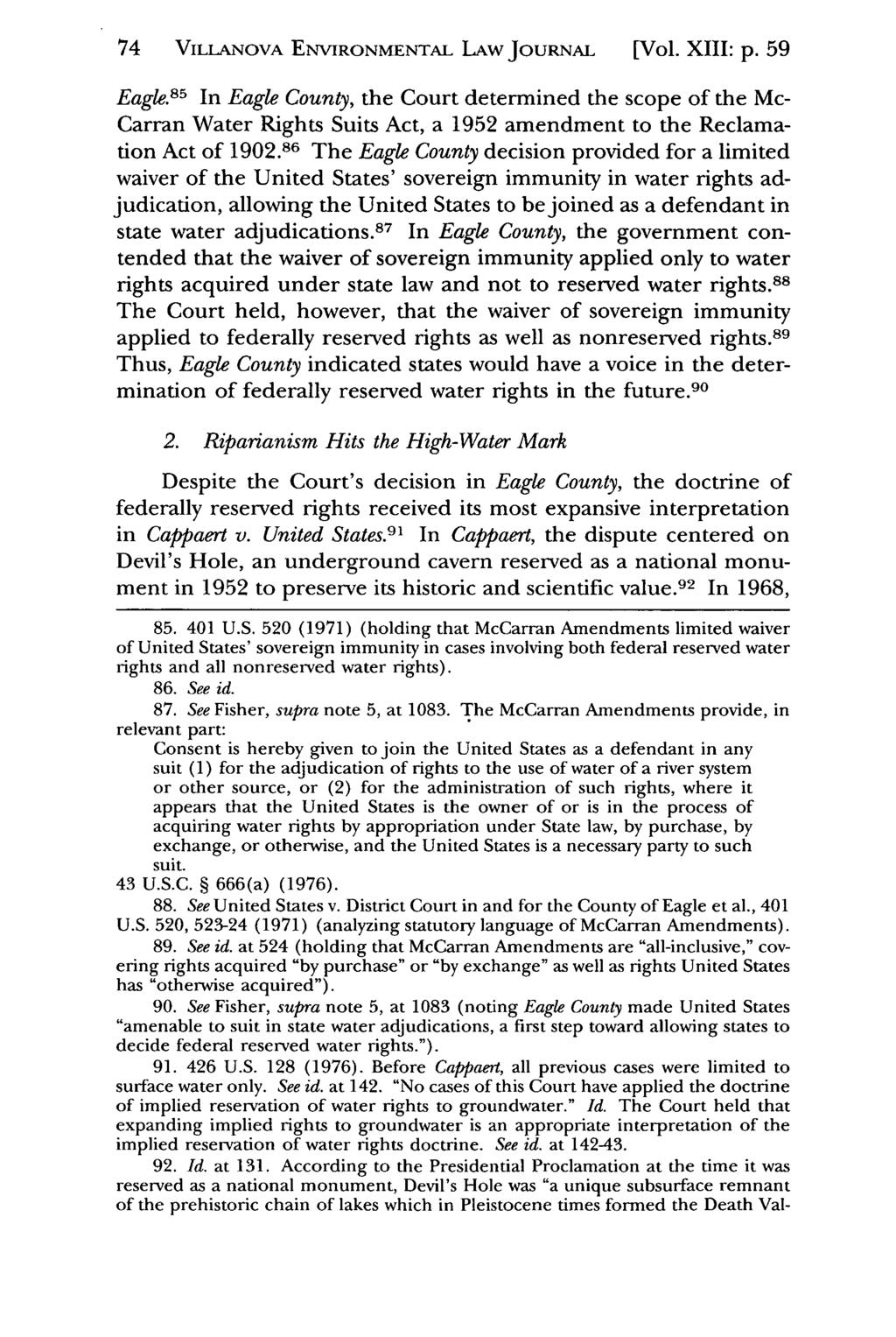 74 VILLANOVA Villanova Environmental ENVIRONMENTAL Law Journal, LAW Vol. JouRNAL 13, Iss. 1 [2002], Art. [Vol. 2 XIII: p. 59 Eagle.