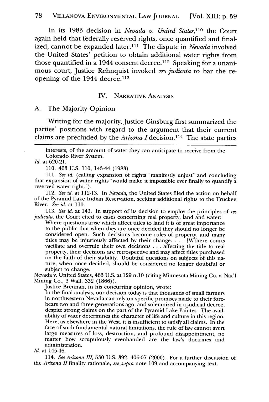 78 VILLANOVA Villanova Environmental ENVRONMENTAL Law Journal, LAw Vol. Joum'AL 13, Iss. 1 [2002], Art. [Vol. 2 XIII: p. 59 In its 1983 decision in Nevada v.