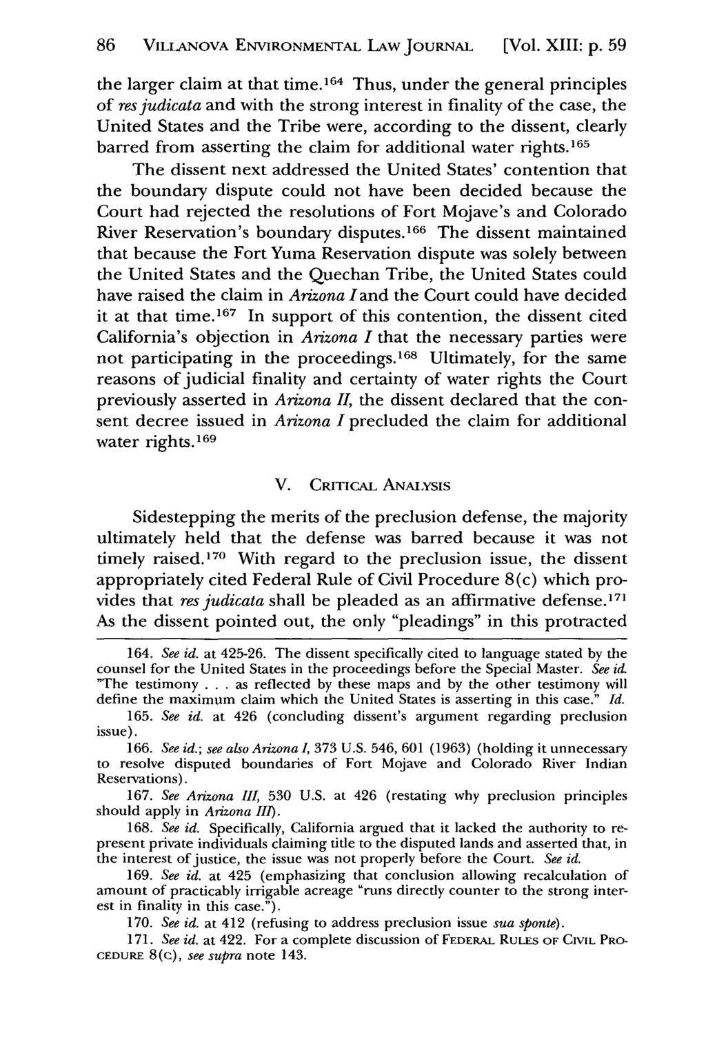 86 VILLANOVA Villanova Environmental ENVIRONMENTAL Law Journal, LAw Vol. 13, JouNAL Iss. 1 [2002], Art. [Vol. 2 XIII: p. 59 the larger claim at that time.
