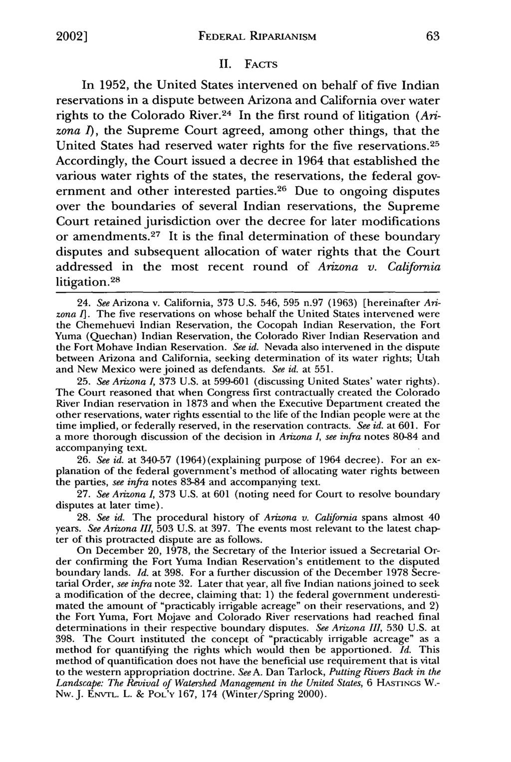 2002] Brinton: Arizona v. California: Riding the Wave of Federal Riparianism FEDERAL RIPARIANISM II.