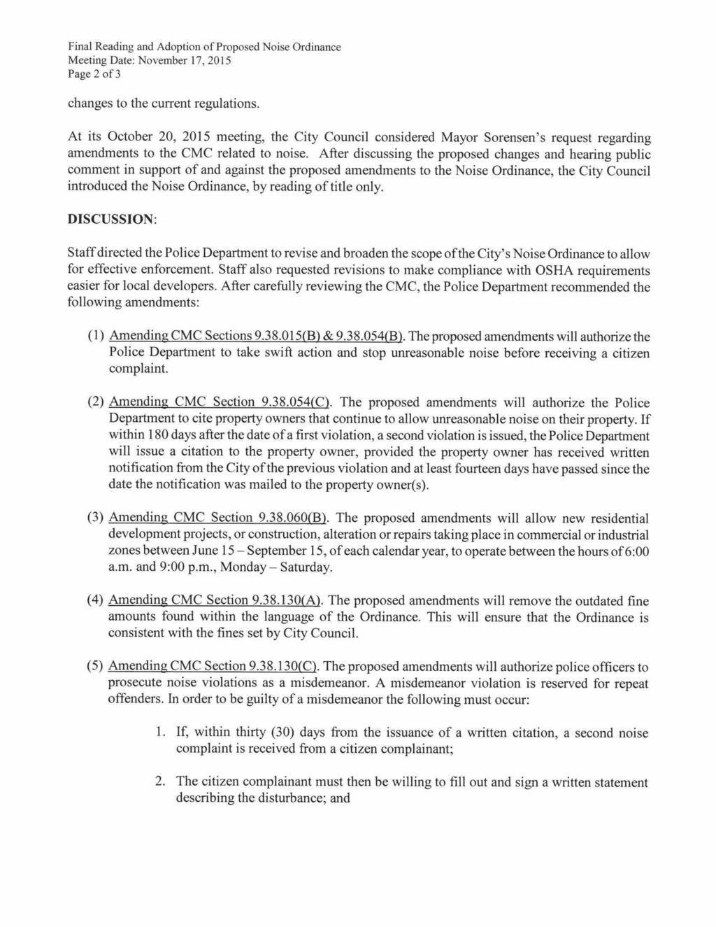 Final Reading and Adoption of Proposed Noise Ordinance Meeting Date: November 1,0 Page of changes to the current regulations.