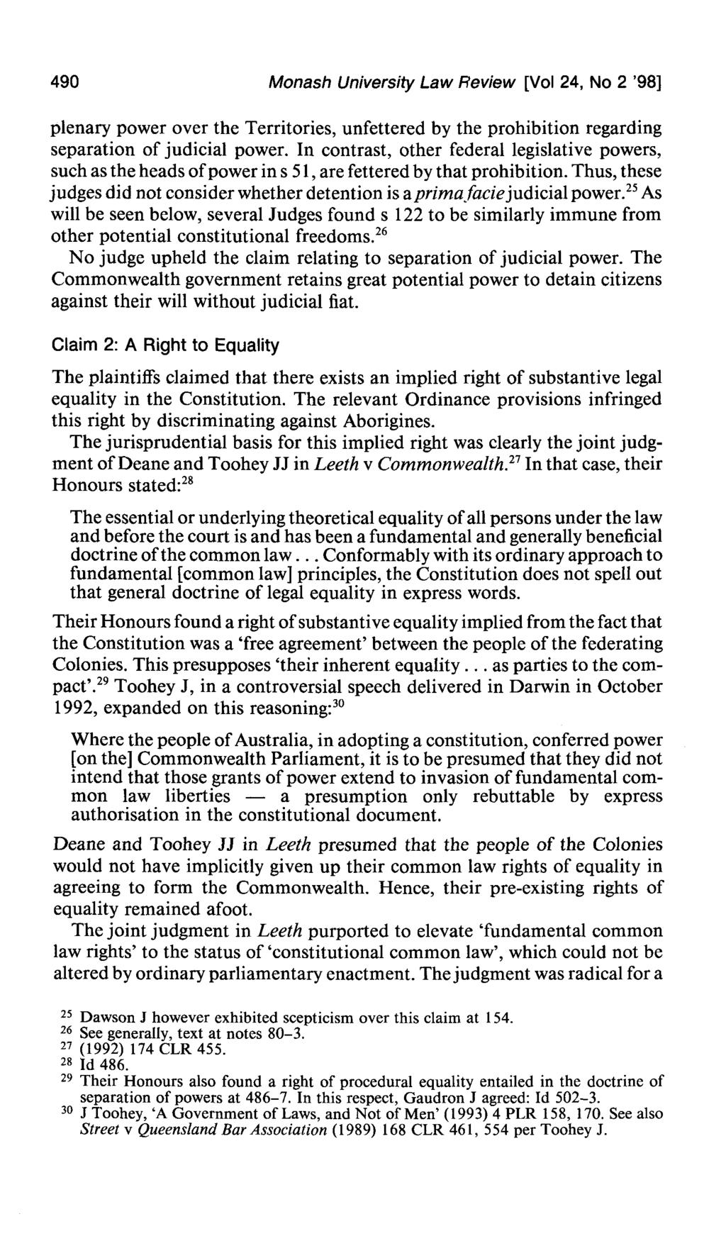 490 Monash University Law Review [Vol 24, No 2 '981 plenary power over the Territories, unfettered by the prohibition regarding separation of judicial power.