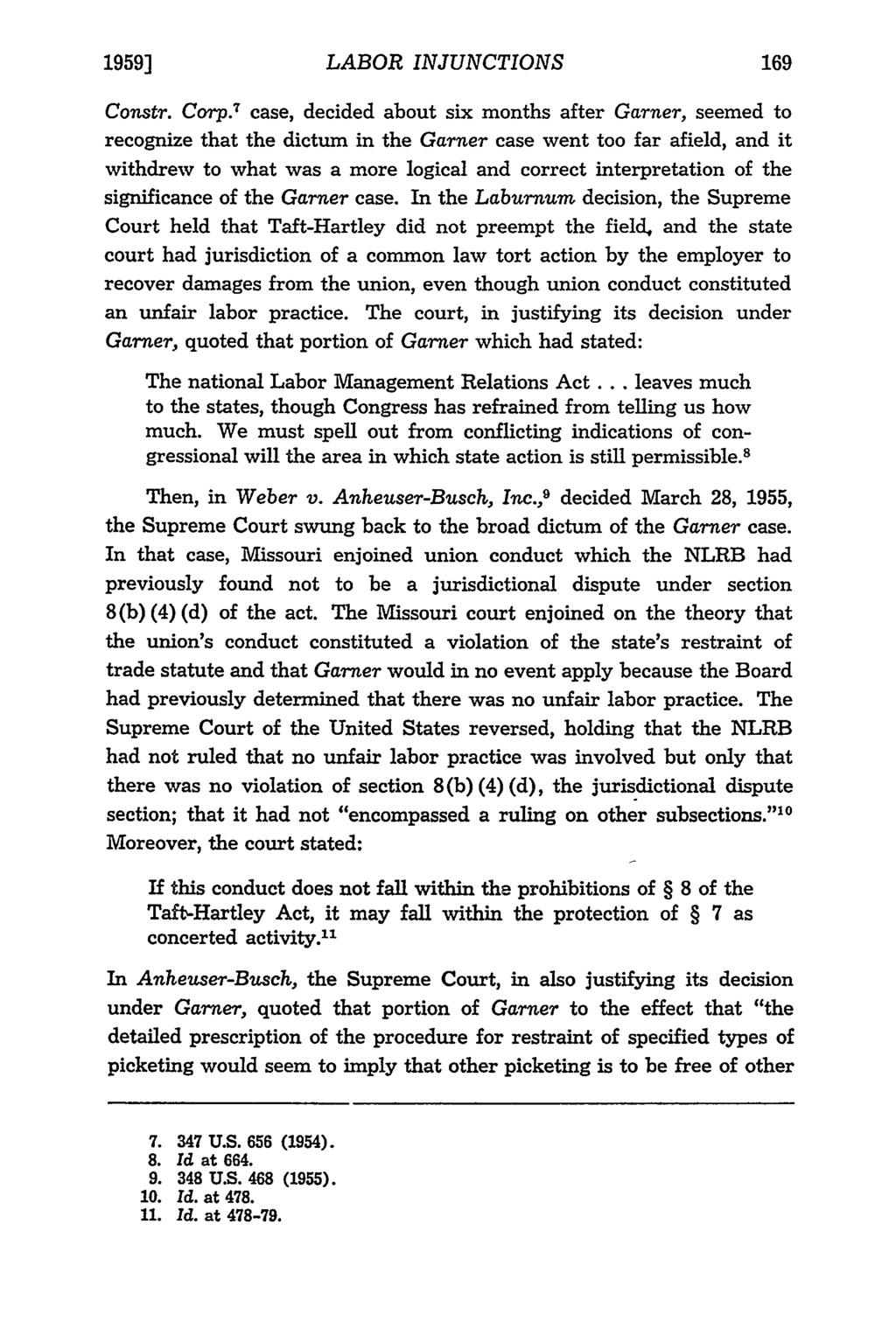 1959] Missouri Law Review, Vol. 24, Iss. 2 [1959], Art. 2 LABOR INJUNCTIONS Constr. Corp.