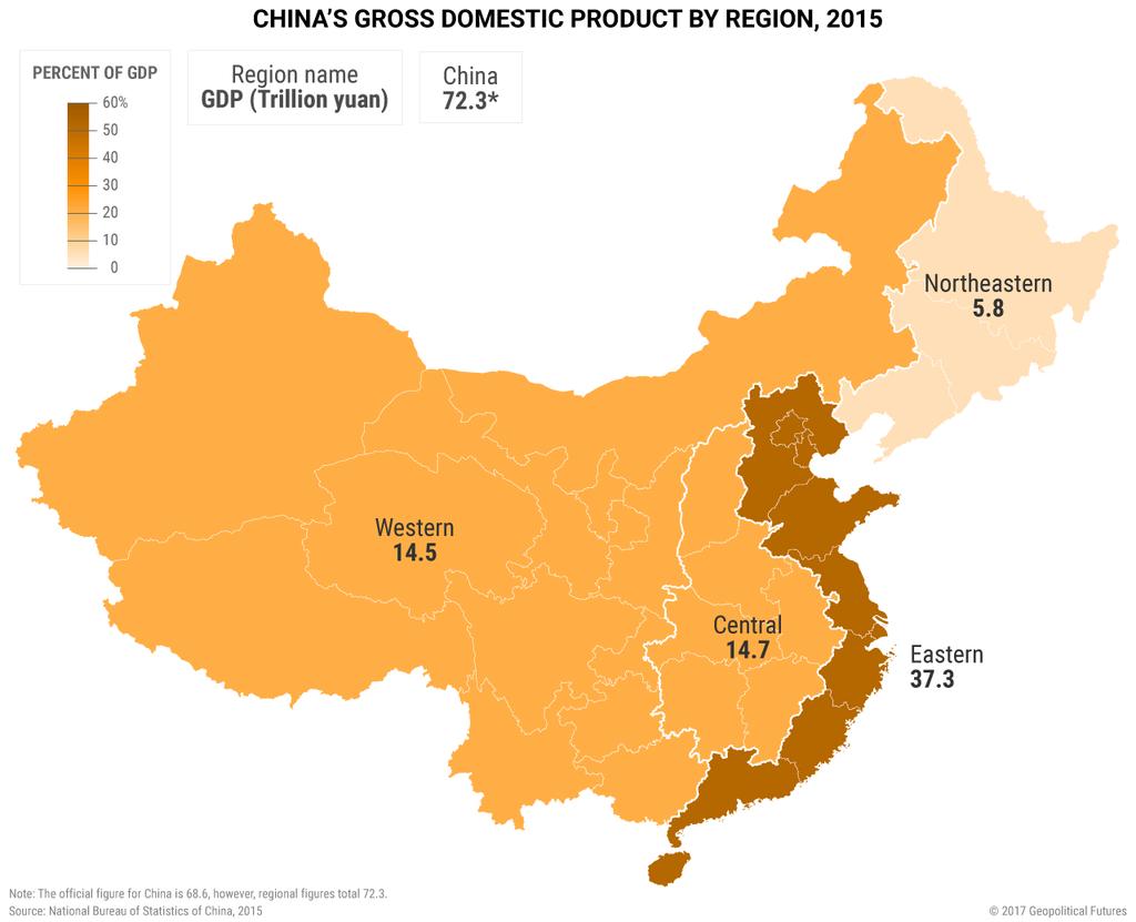 (click to enlarge) The map above divides China into four geographic regions by contribution to China s national GDP.