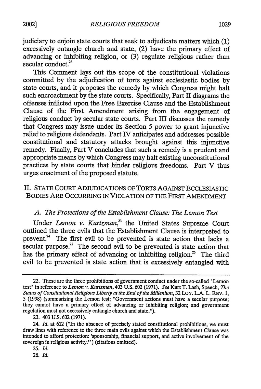 2002] RELIGIOUS FREEDOM 1029 judiciary to enjoin state courts that seek to adjudicate matters which (1) excessively entangle church and state, (2) have the primary effect of advancing or inhibiting