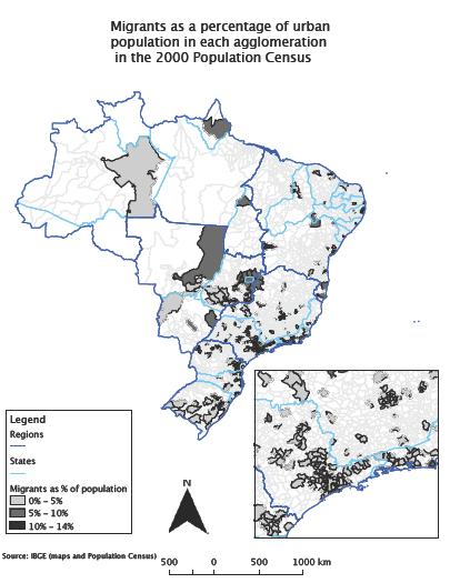 Figure 12: Map of migrants to each urban area as a percentage of total urban population in 2000. Blow-up map is of São Paulo area.