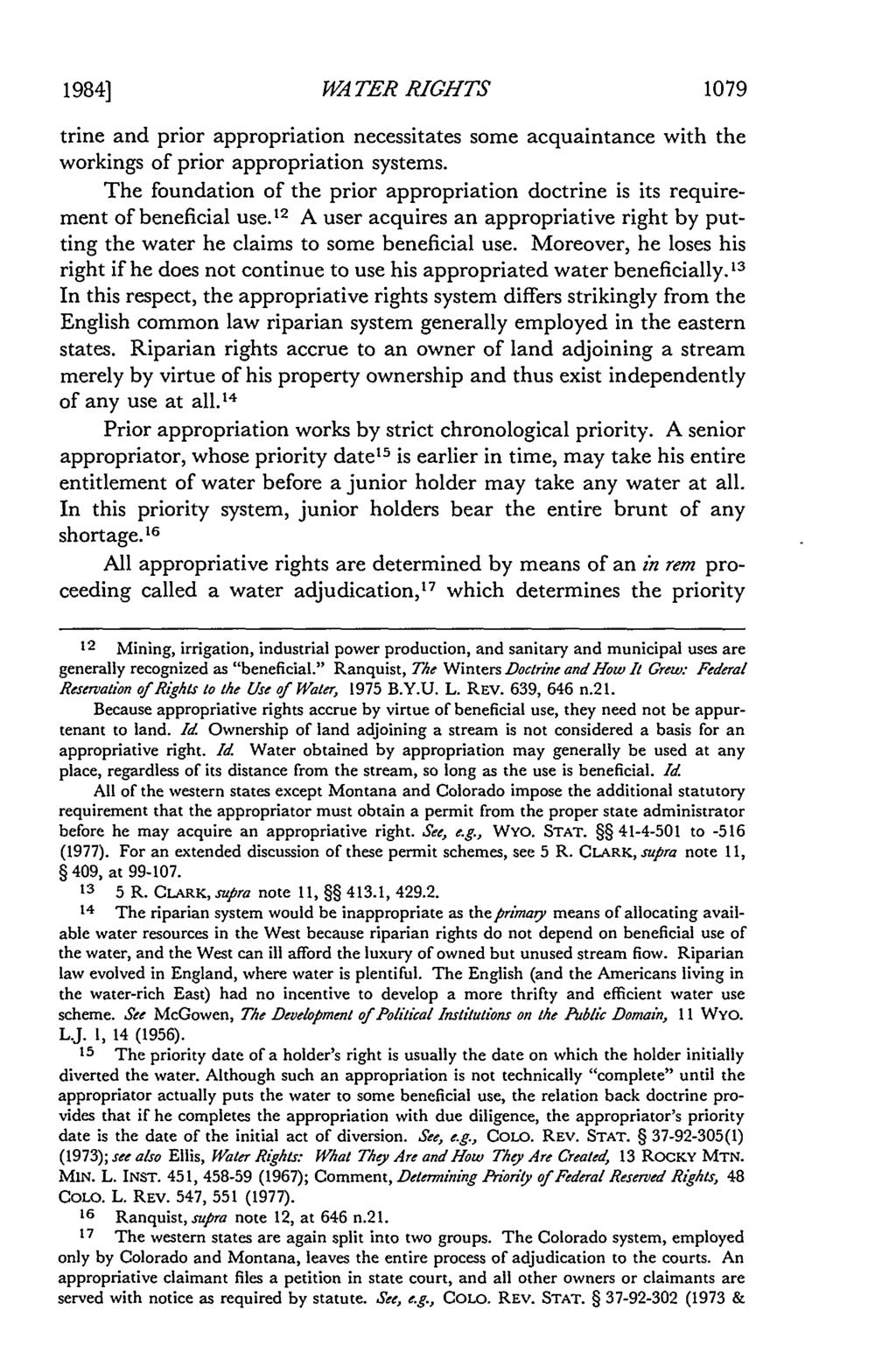1984] WA TER RIGHTS 1079 trine and prior appropriation necessitates some acquaintance with the workings of prior appropriation systems.