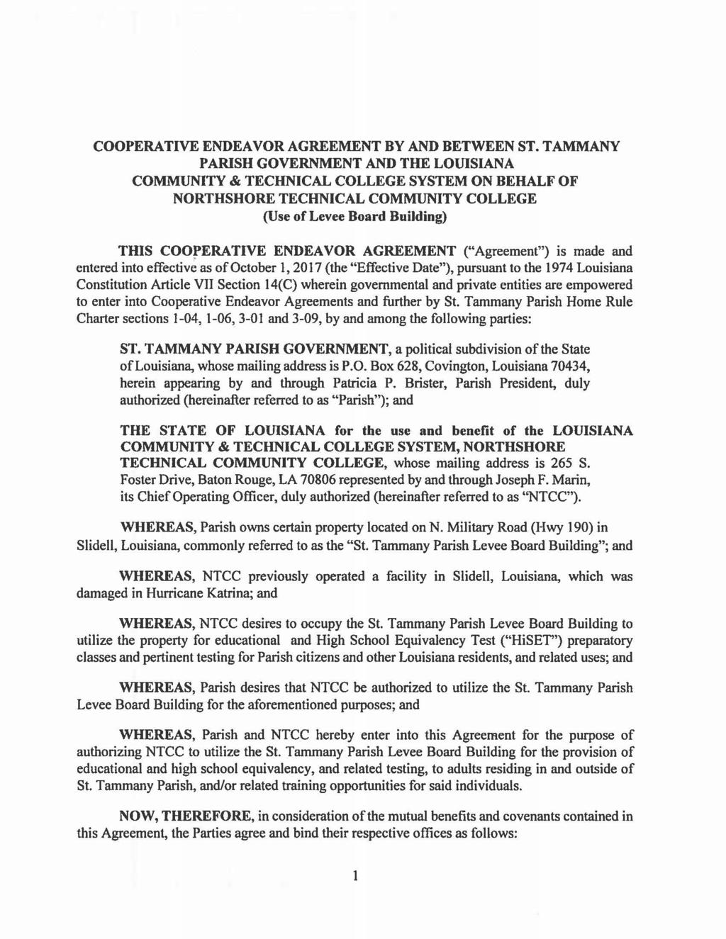 COOPERATIVE ENDEAVOR AGREEMENT BY AND BETWEEN ST.