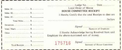 Official House Committee (Turnover) Receipts Official House Committee Receipts (see example below) are prepared in duplicate, two to a page, numbered, and bound in book form.