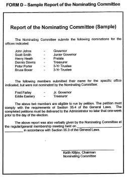 Nominating Committee Committee Members Responsibilities: Nominate (1) member for each elective office, except Administrator, at the last general membership meeting in April. 1. Chairman = Governor 2.