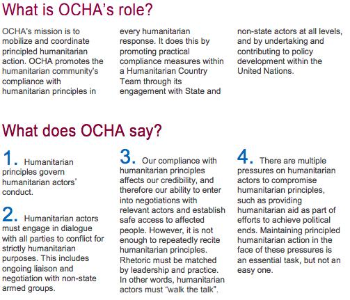 Figure 12. Humanitarian principles and OCHA (OCHA 2017: 2) There is a consensus amongst humanitarian and development actors that humanitarian principles must be protected.