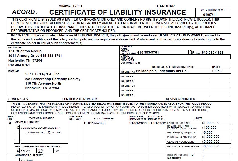 Certificate of Liability Insurance (Sample/Example)