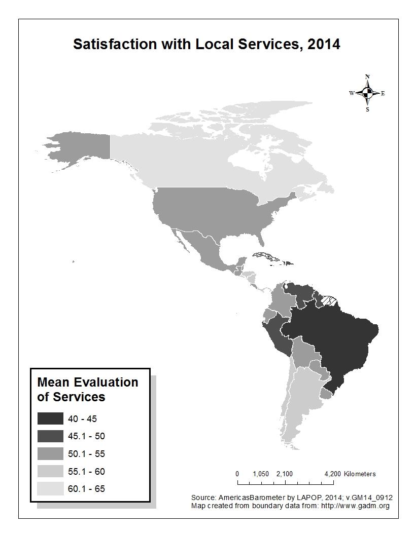 Chapter Four Map 4.1. Evaluations of Local Government Services in the Countries of the Americas, 2014 How do the aggregate 2014 results compare to previous waves of the AmericasBarometer? Figure 4.