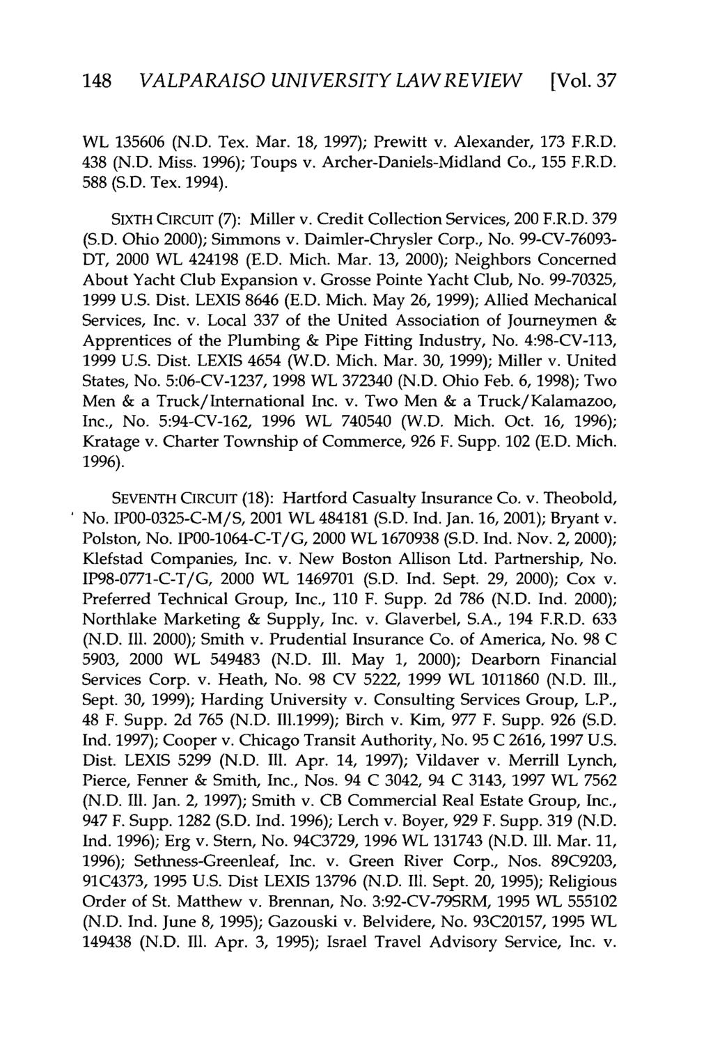 Valparaiso University Law Review, Vol. 37, No. 1 [2002], Art. 8 148 VALPARAISO UNIVERSITY LAWREVIEW [Vol. 37 WL 135606 (N.D. Tex. Mar. 18, 1997); Prewitt v. Alexander, 173 F.R.D. 438 (N.D. Miss.