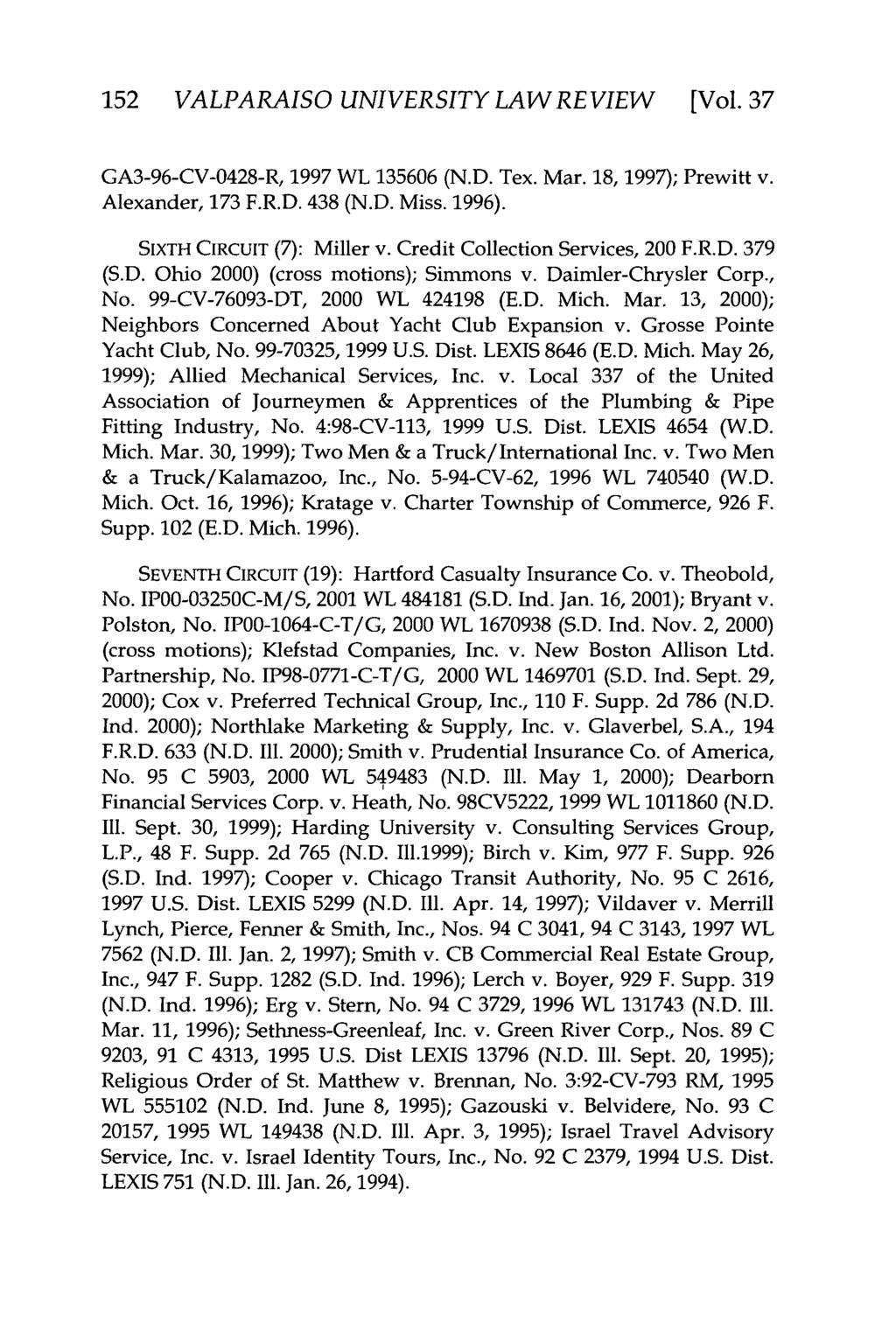 Valparaiso University Law Review, Vol. 37, No. 1 [2002], Art. 8 152 VALPARAISO UNIVERSITY LAW REVIEW [Vol.37 GA3-96-CV-0428-R, 1997 WL 135606 (N.D. Tex. Mar. 18, 1997); Prewitt v. Alexander, 173 F.R.D. 438 (N.