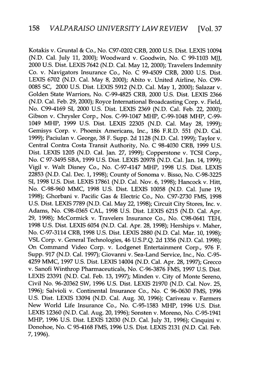 Valparaiso University Law Review, Vol. 37, No. 1 [2002], Art. 8 158 VALPARAISO UNIVERSITY LAW REVIEW [Vol.37 Kotakis v. Gruntal & Co., No. C97-0202 CRB, 2000 U.S. Dist. LEXIS 10094 (N.D. Cal.