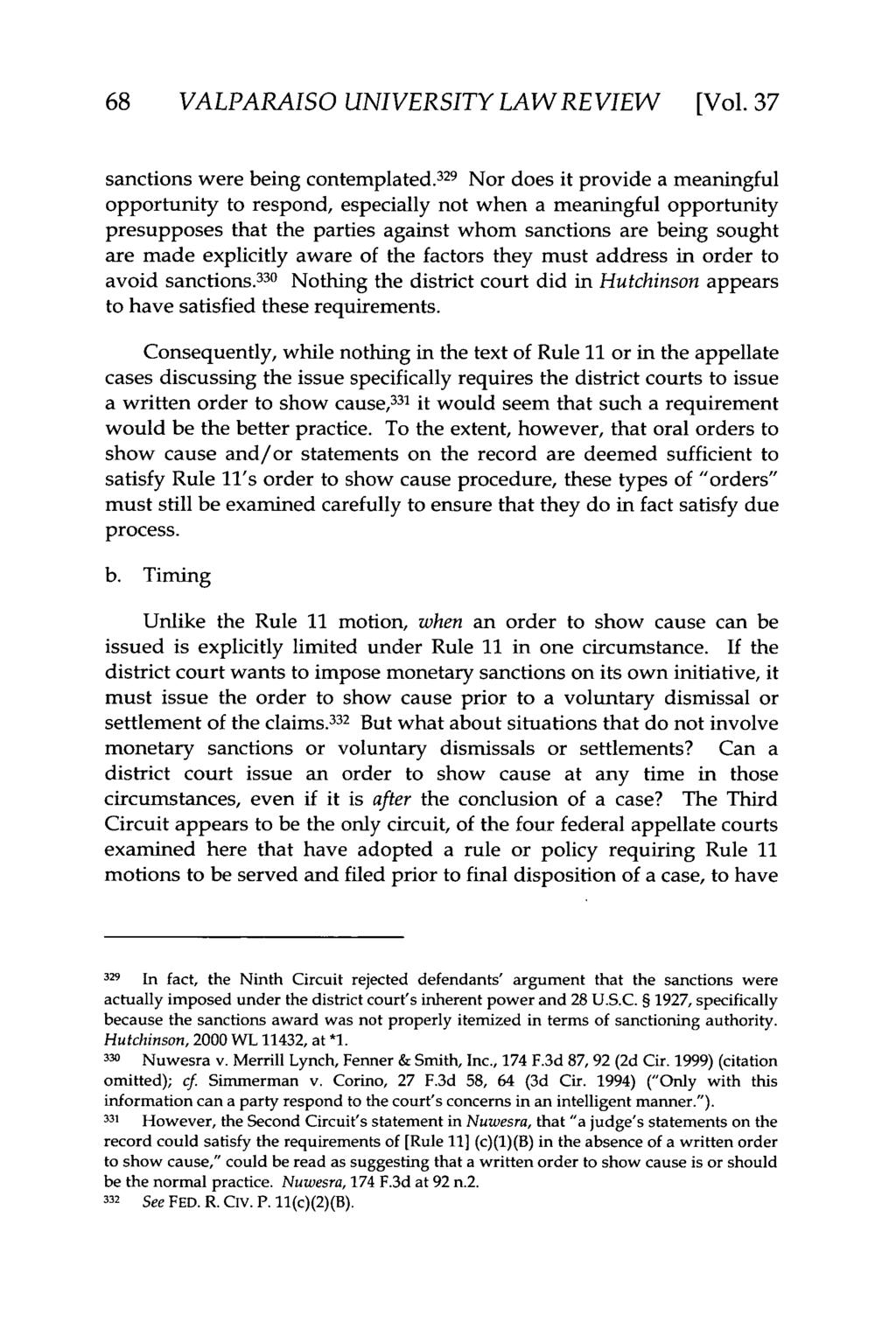 Valparaiso University Law Review, Vol. 37, No. 1 [2002], Art. 8 68 VALPARAISO UNIVERSITY LAW REVIEW [Vol.37 sanctions were being contemplated.
