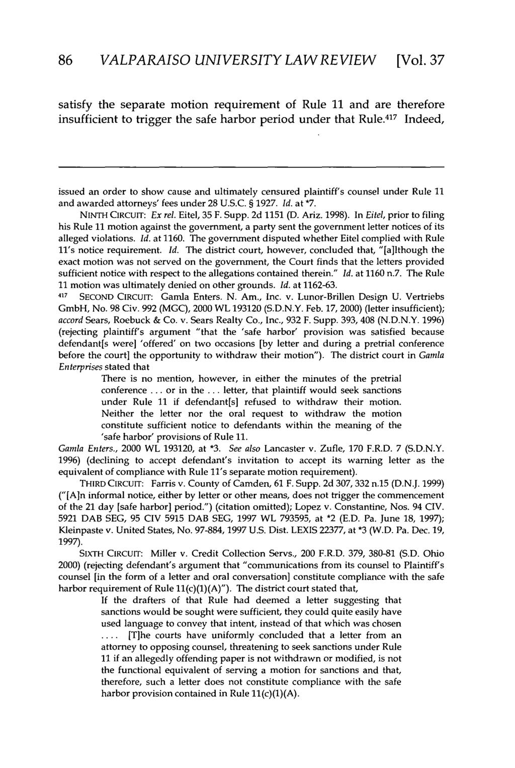 Valparaiso University Law Review, Vol. 37, No. 1 [2002], Art. 8 86 VALPARAISO UNIVERSITY LAW REVIEW [Vol.