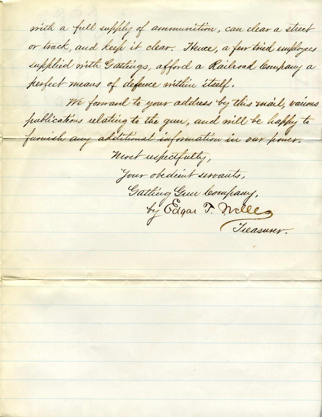 Edger T. Welles. Letter to John W. Garrett, Esqr. [August 24, 1877]. Manuscript.