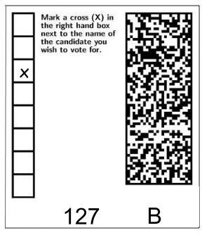 Side B of the ballot form, scanned to be counted and kept as receipt. Side B contains a cross marking a position but not a candidate.