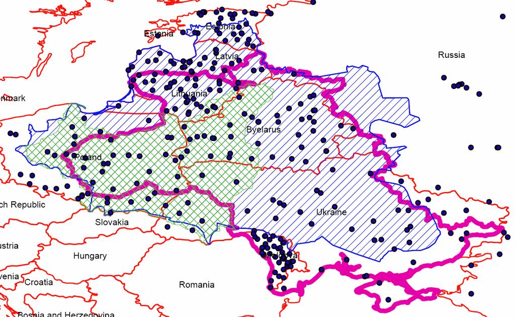 Figure B2. Pale borders, Polish Lithuanian Commonwealth, Second Polish Republic, and LITs PSUs.