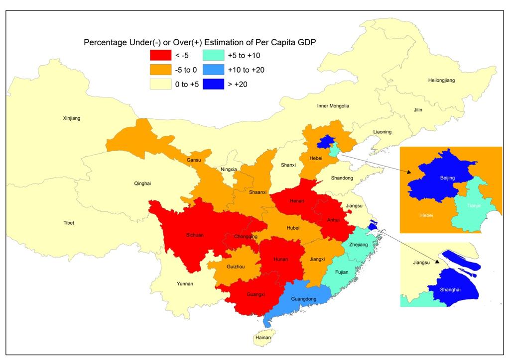 To illustrate the situation more generally across all provinces, the percentage understatement or overstatement of per capita GDP at the time of the 2005 microcensus is mapped in Figure 2.