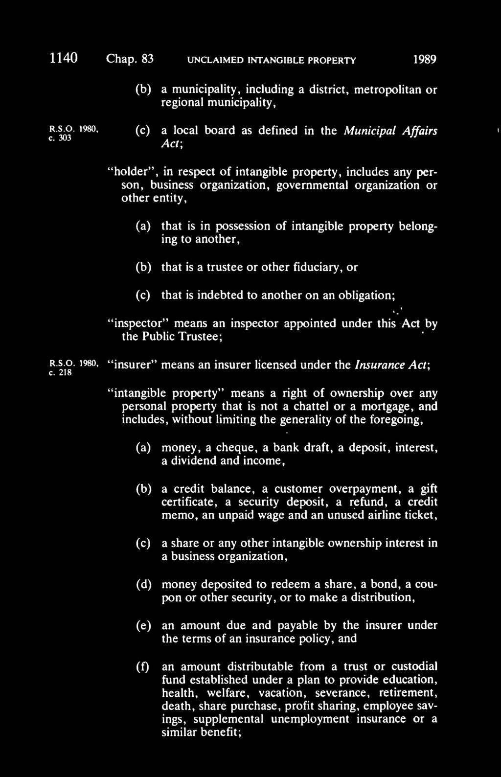 1140 Chap. 83 unclaimed intangible property 1989 (b) a municipality, including a district, metropolitan or regional municipality, r.s^o.
