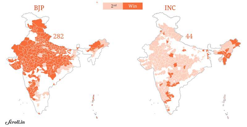 Performance of BJP and INC in 2014 General Election: Seats won by Parties in 2014 General Election: Fig-2 Map not to scale 5 40 6 9 20 34 37 102 44 282 BJP INC AIADMK AITC BJD CPIM NCP SP AAP BSP