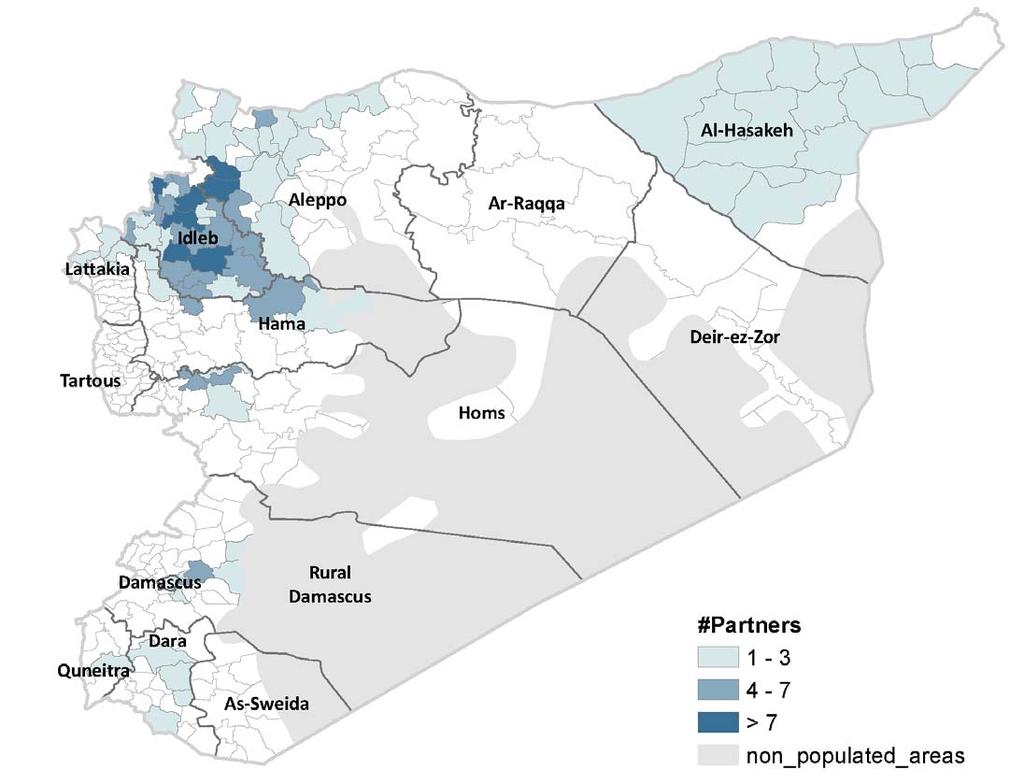 Partner coordination Through the Whole of Syria approach to the Syrian crisis, three operational Health Cluster/Sector working groups in Amman (Jordan), Damascus (Syrian Arab Republic) and Gaziantep