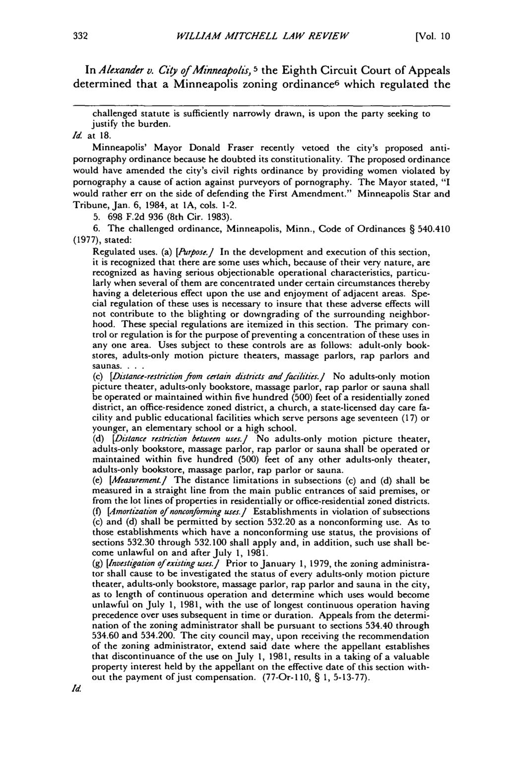 William Mitchell Law Review, Vol. 10, Iss. 2 [1984], Art. 7 WILLIAM MITCHELL LAW REVIEW [Vol. 10 In Alexander v.