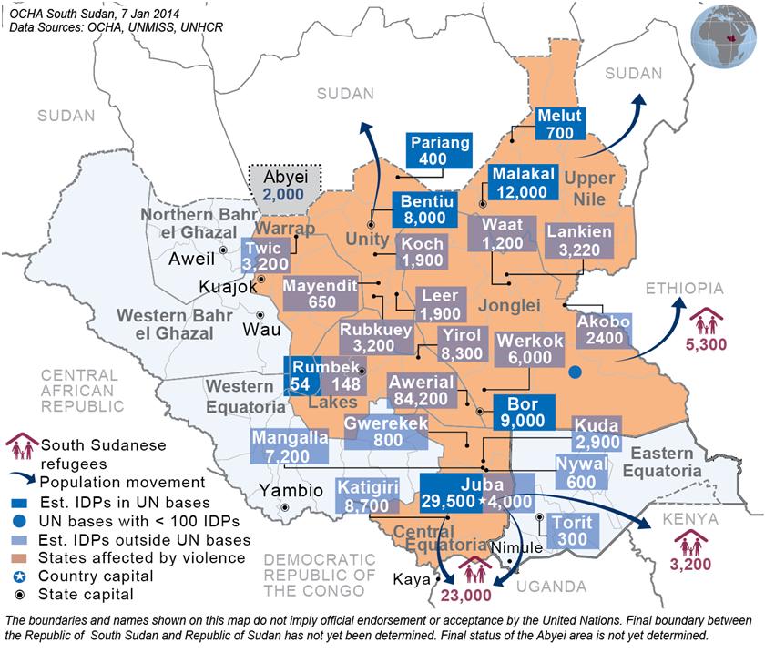 South Sudan Crisis Situation report as of 7 January 2014 Report number 8 This report is produced by OCHA South Sudan in collaboration with humanitarian partners.