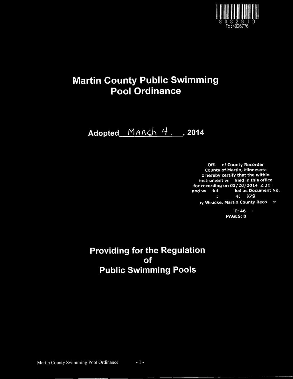 ~ 11111111111111111111111111111 8 0 3 2 8 1 0 Tx :4026776 Martin County Public Swimming Pool Ordinance Adopted MAA~h Lf.