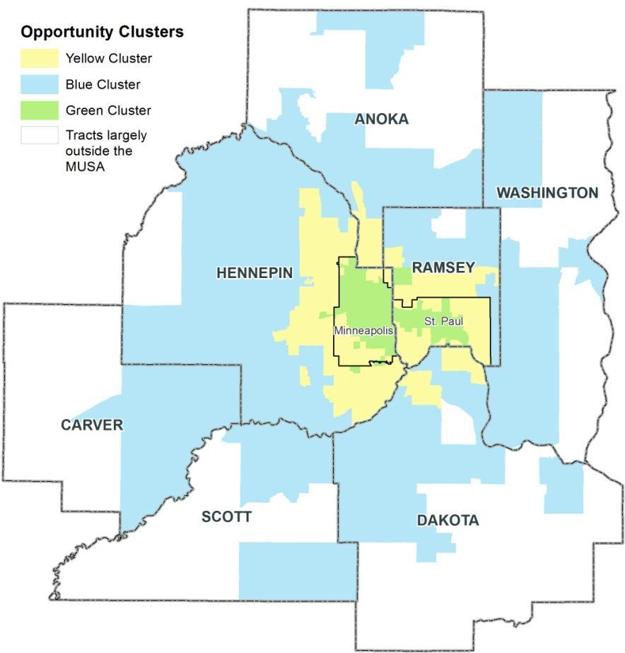 This report uses a method called cluster analysis to group the region s cities into three clusters based on the access they provide to each type of opportunity.
