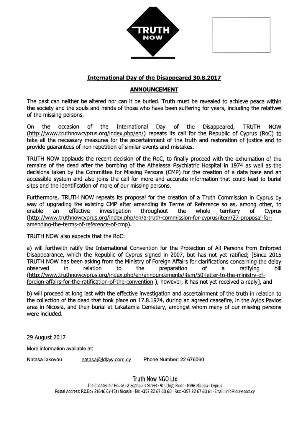 DGI 08/09/2017 SERVICE DE L EXECUTION DES ARRETS DE LA CEDH International Day of the Disappeared 30.8.2017 ANNOUNCEMENT The past can neither be altered nor can lt be buried.