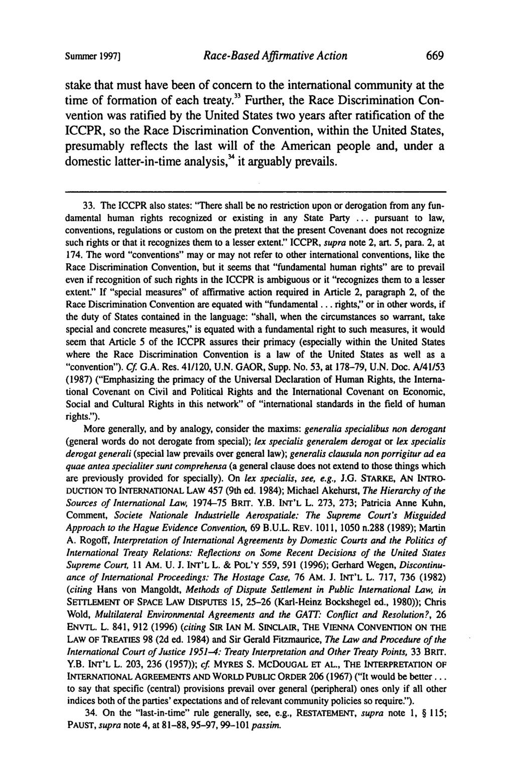 Summuer 1997] Race-Based Affirmative Action stake that must have been of concern to the international community at the time of formation of each treaty.