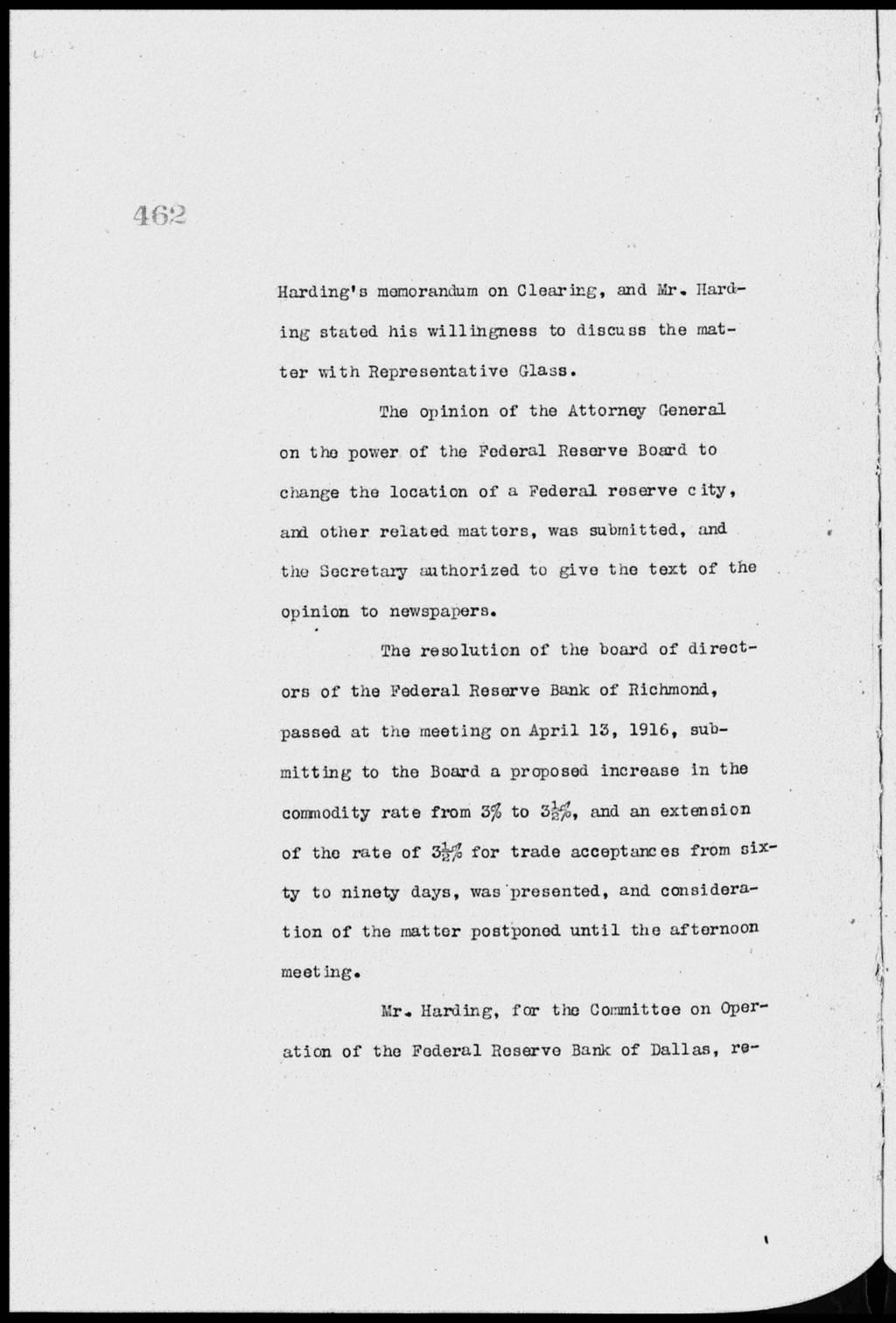 462 Harding's memorandum on Clearing, and Mr. Harding stated his willingness to discuss the matter with Representative Glass.