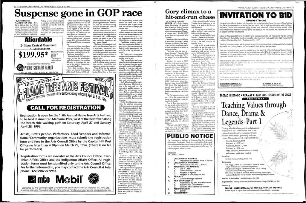 32-MARANAS VARETY NEWS AND VEWS-FRDAY MARCH 22, 1996 Suspense gone in GOP race By DAVD BRSCOE WASHNGTON (AP) - Now that a Clinton-Dole showdown seems inevitable, state-by-state primary elections are