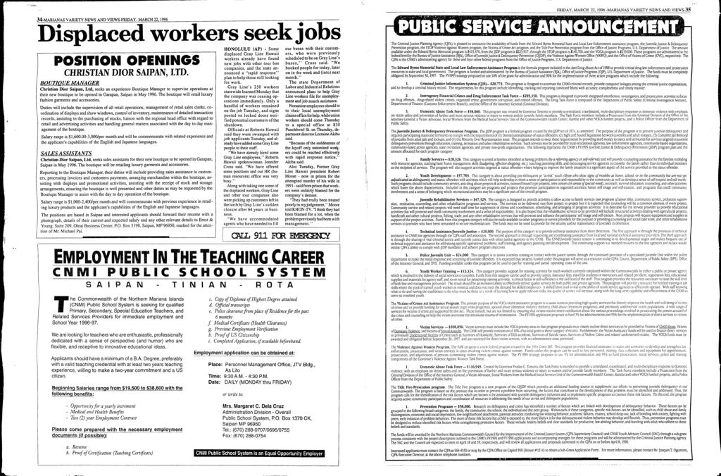 1.. 34-MARANAS VARETY NEWS AND VEWS-FRDAY - MARCH 22, 1996 Displaced workers seekjobs POSTON OPENNGS CHRSTAN DOR SAPAN, LTD.