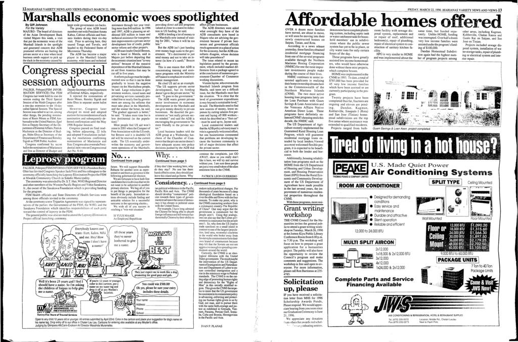 12-MARANAS VARETY NEWS AND VEWS-FRDAY-MARCH 22, 1996 Marshalls economic woes spotlighted By Giff Johnson large scale government cut-backs.
