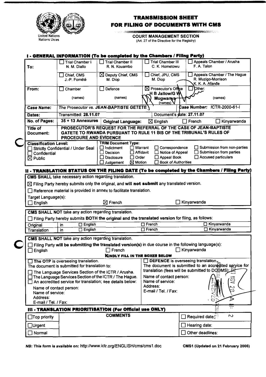 Unned Natlons Nat~ons Un~es TRANSMISSION SHEET FOR FILING OF DOCUMENTS WITH CMS COURT MANAGEMENT SECTION (An 27 of the Dlrectwe for the Registry) ".