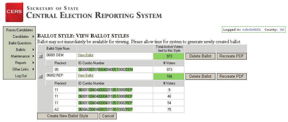 This screen shows the ID Combo Numbers the Auditor has selected, the ballot style number and type of ballot in the process of being created, followed by a colored grid.