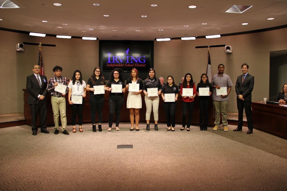 The students are pictured with Irving ISD Superintendent Jose L. Parra, Ed.D. and Board President Dr. Steven Jones.