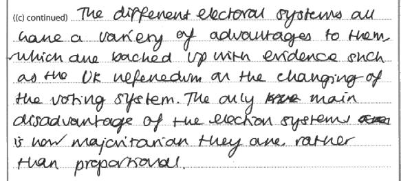 Examiner Comments a) This gains 3 marks. It makes generic comments rather than being driven to describe the function of elections. b) Here we see FPTP and AMS very clearly described.