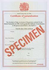 Certificate of registration or naturalisation as a