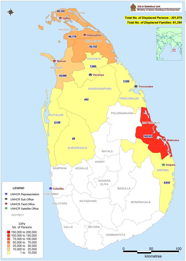 Map of displacement in Sri Lanka April 2006 April 2007 Source:
