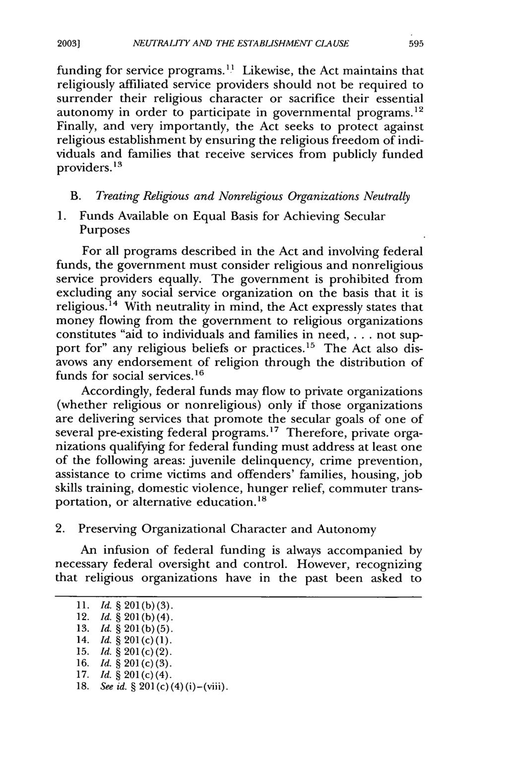 20031 ]NEIRALITY AND THE ESTABIJSHMENrl" CLA USE funding for service programs.'.