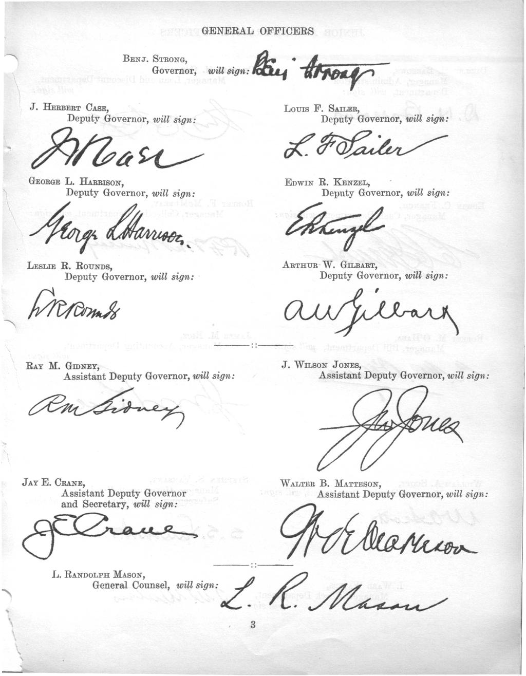 GENERAL OFFICERS BENJ. STRONG, Governor, J. HERBERT CASE, Deputy Governor, Louis F. SAILER, Deputy Governor, will sign. GEORGE L. HARRISON, Deputy Governor, will sign, EDWIN R.