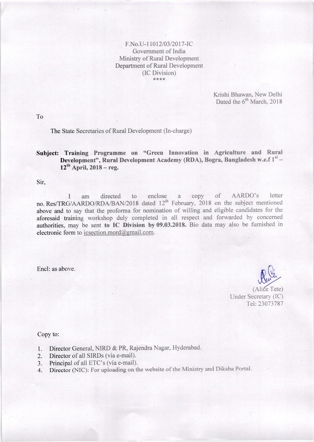 F.No.U- 1 l0l2la3 D0l7 -lc Government of India Ministry of Rural Development Department of Rural Development (IC Division) ***;& Krishi Bhawan, New Delhi Dated the 6th March, 20i8 To The State