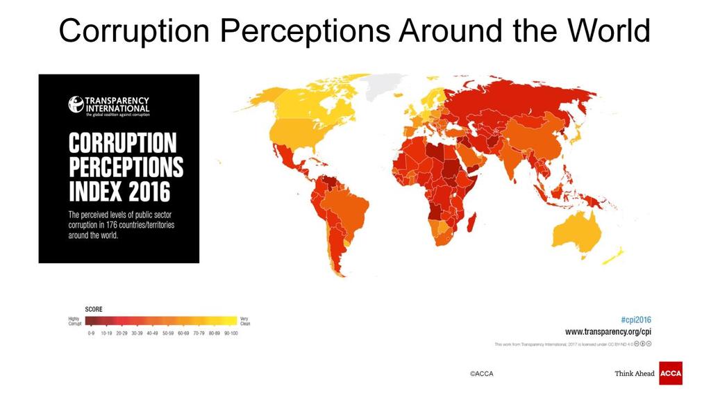 Taking a little more detailed look at the heat map you will see that those countries with a much higher tolerance for corruption and less developed systems of prevention and detection are dark red.