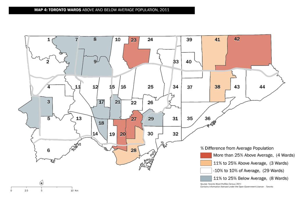 Map 4: Toronto Wards Above and Below Average Population,